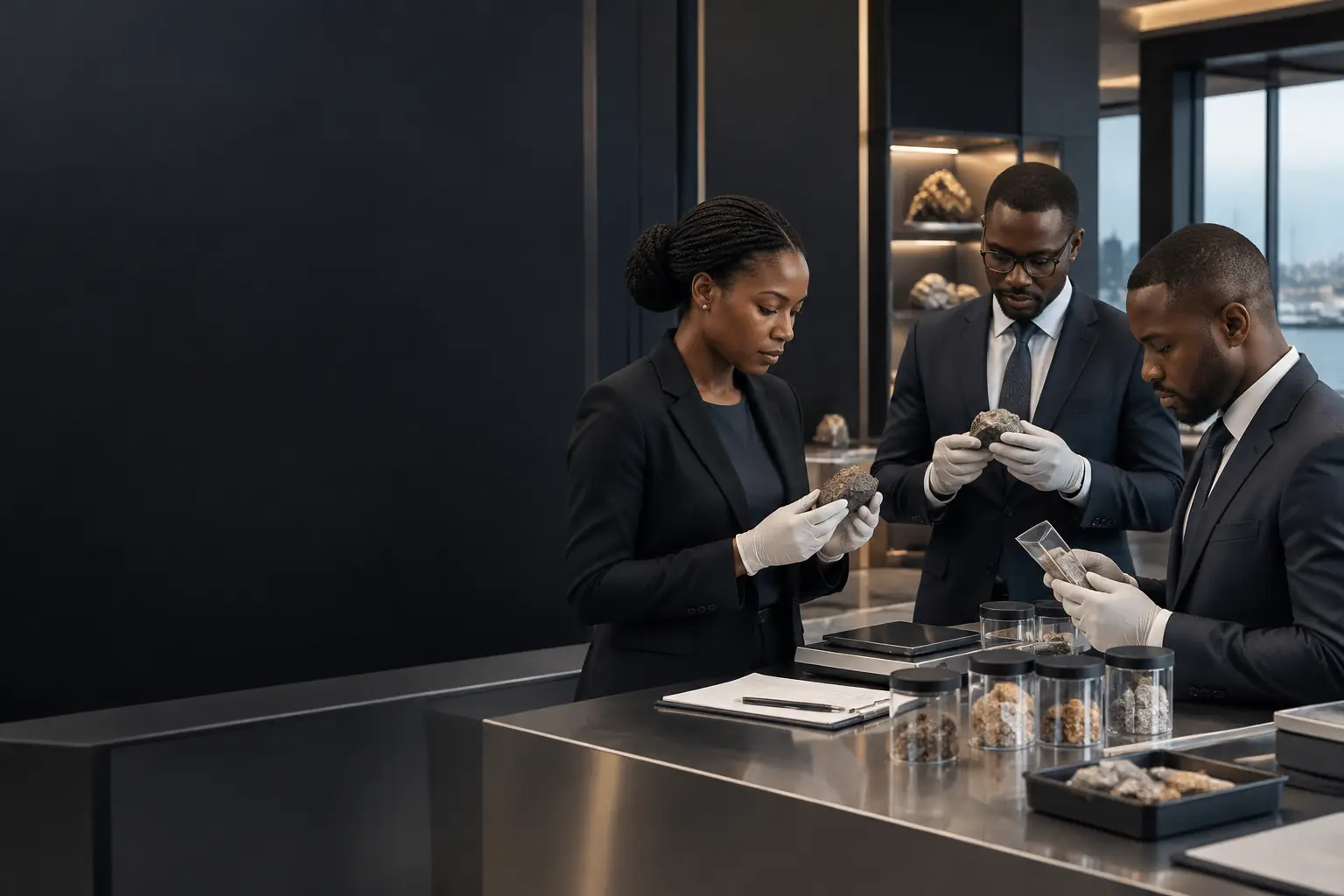 East African mineral specialists inspecting documented samples