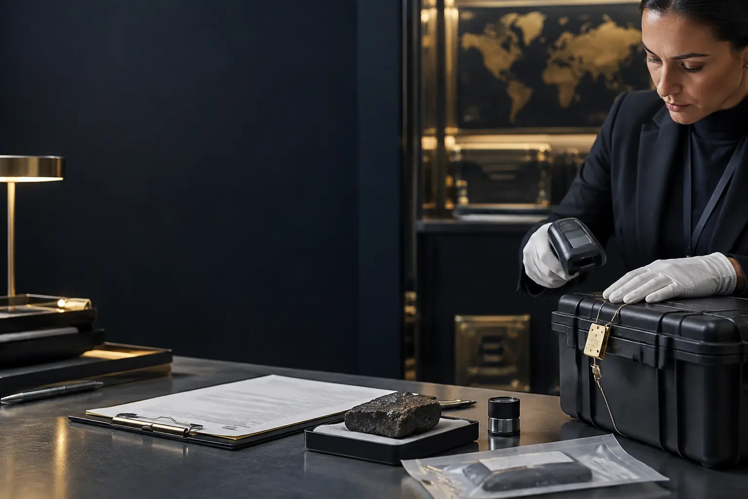 Compliance specialist scanning a sealed mineral transit case
