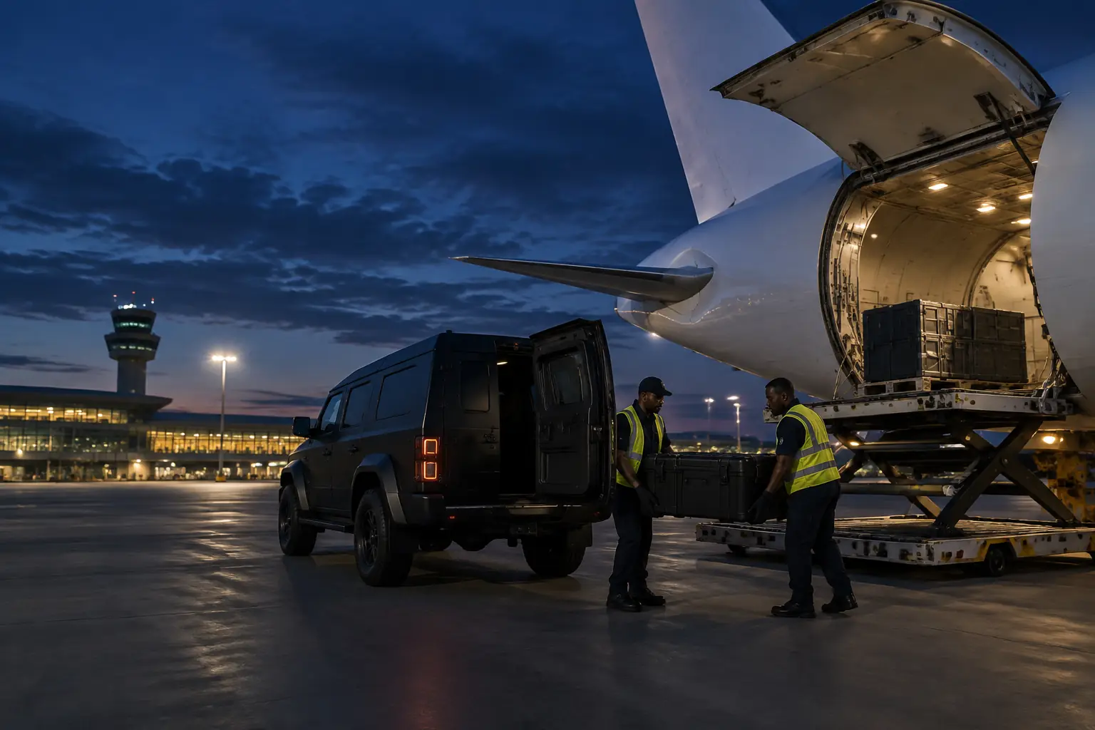 Secure mineral cargo transfer to a freight aircraft