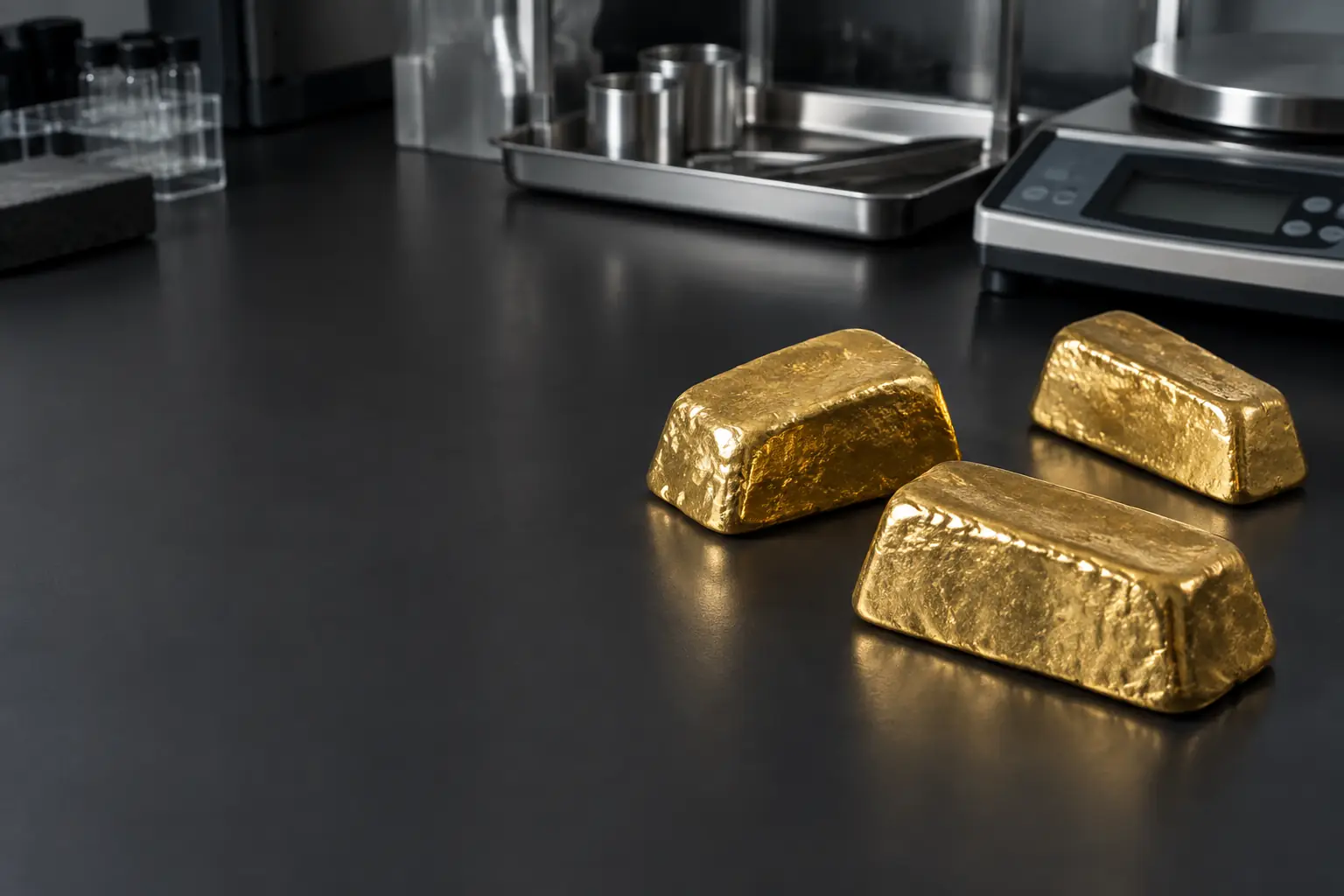 Polished irregular raw gold doré ingots in a secure black transport case