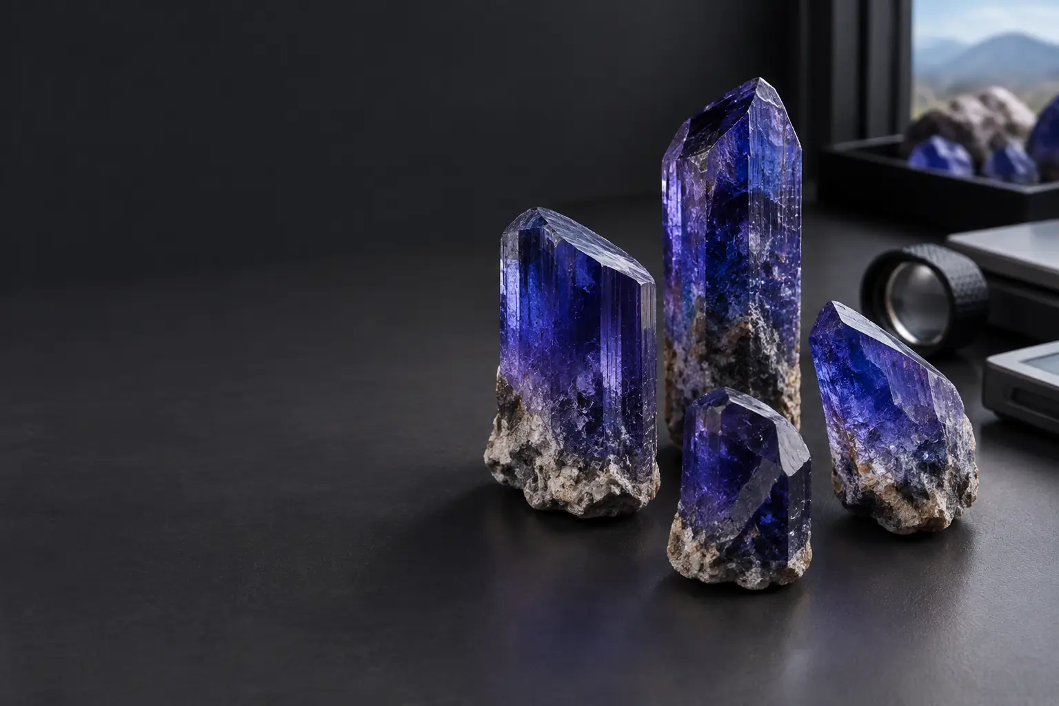 Natural rough tanzanite crystals arranged on gemological sorting paper